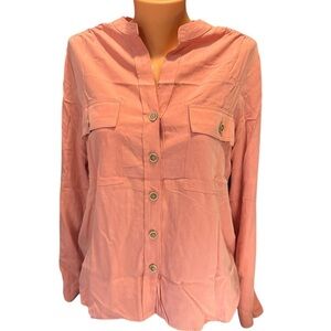 MNG Mango Women’s Blouse Shacket Size M Coral Button-Up Chest Pocket Long Sleeve